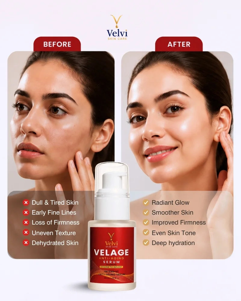 Velvi Velage Serum before and after effect on skin with visible improvements.