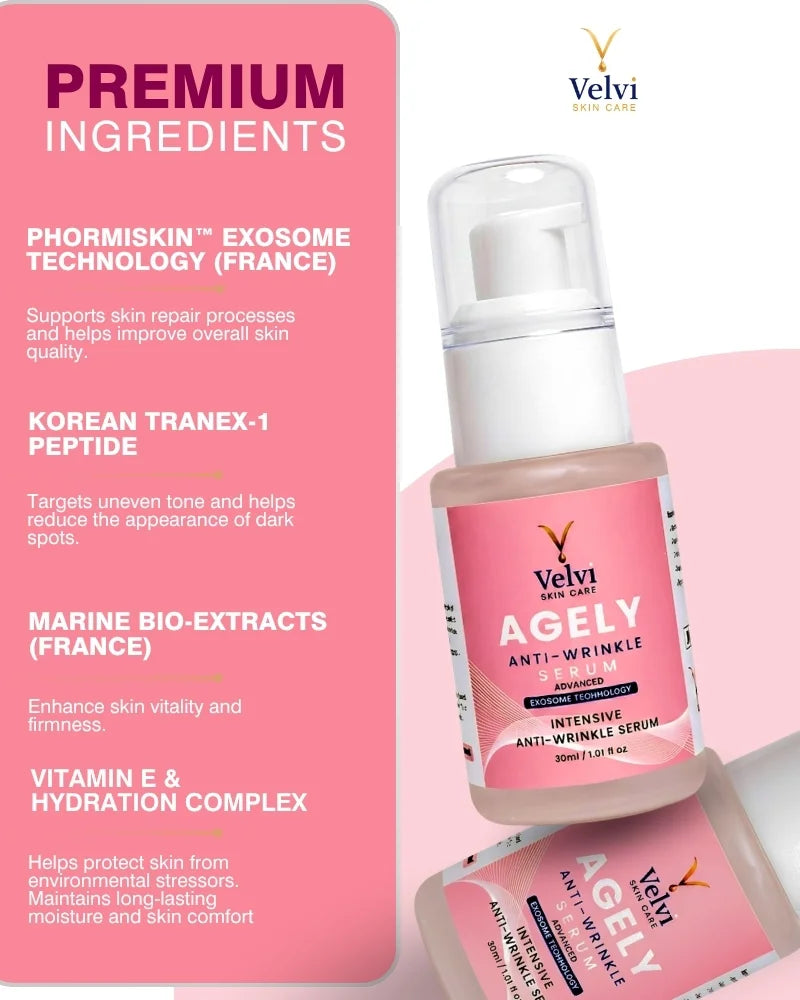 Velvi Ageley anti-wrinkle serum with product details on a pink background