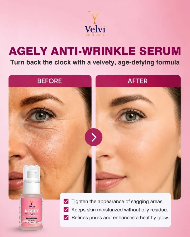 Velvi Ageley Anti-Wrinkle Serum advertisement with 'Before' and 'After' skin comparison on a pink background.