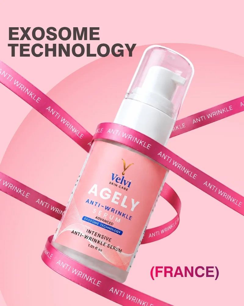 Velvi Ageley anti-wrinkle serum bottle with 'Exosome Technology' text on a pink background