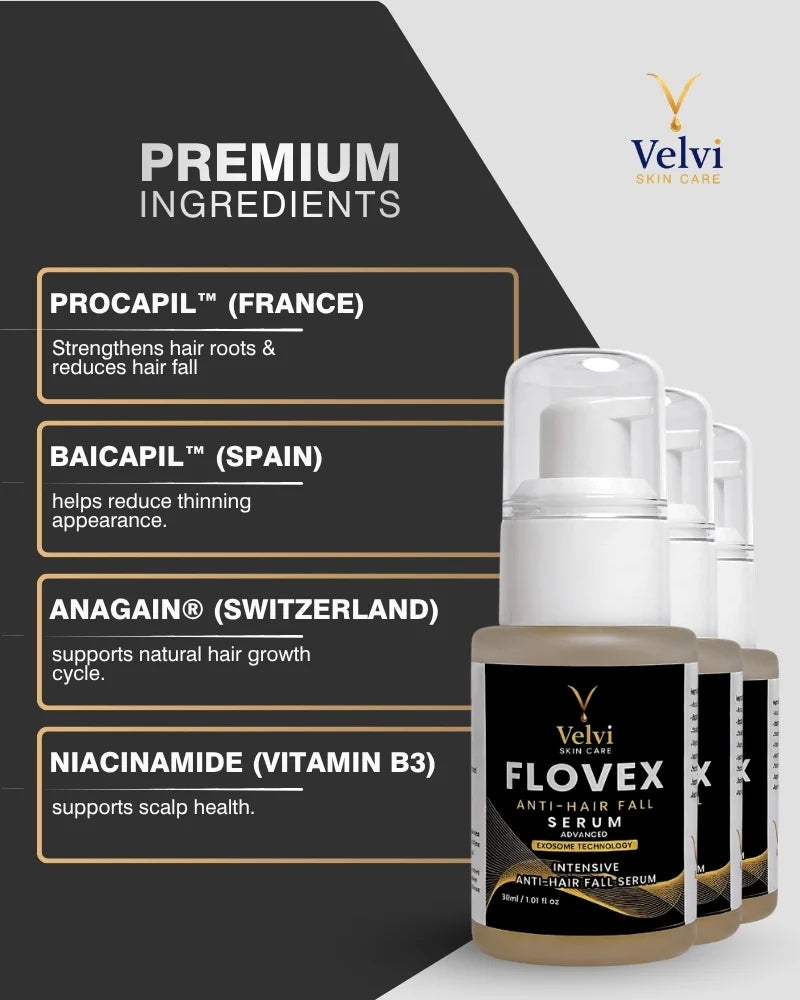 Velvi Flovex anti-hair fall serum with premium ingredients on a black and white background