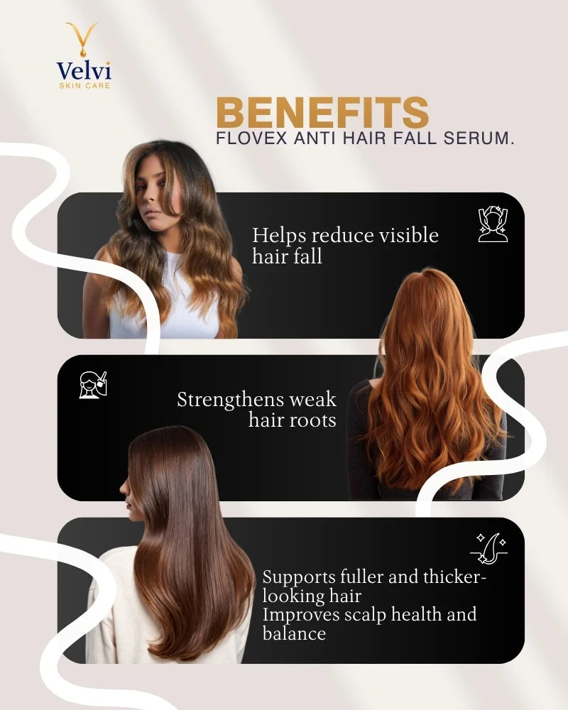 Advertisement for Velvi Flovex Anti Hair Fall Serum with a woman showing hair before and after use.