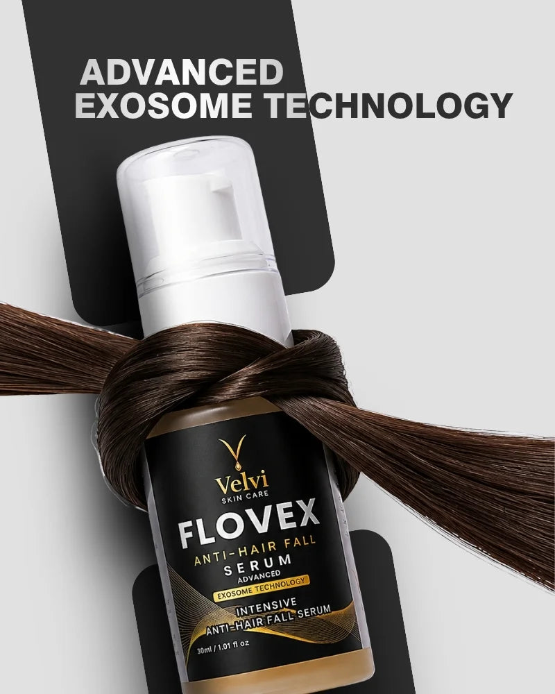 Velvi Flovex Anti-Hair Fall Serum bottle with hair strands on a light gray background