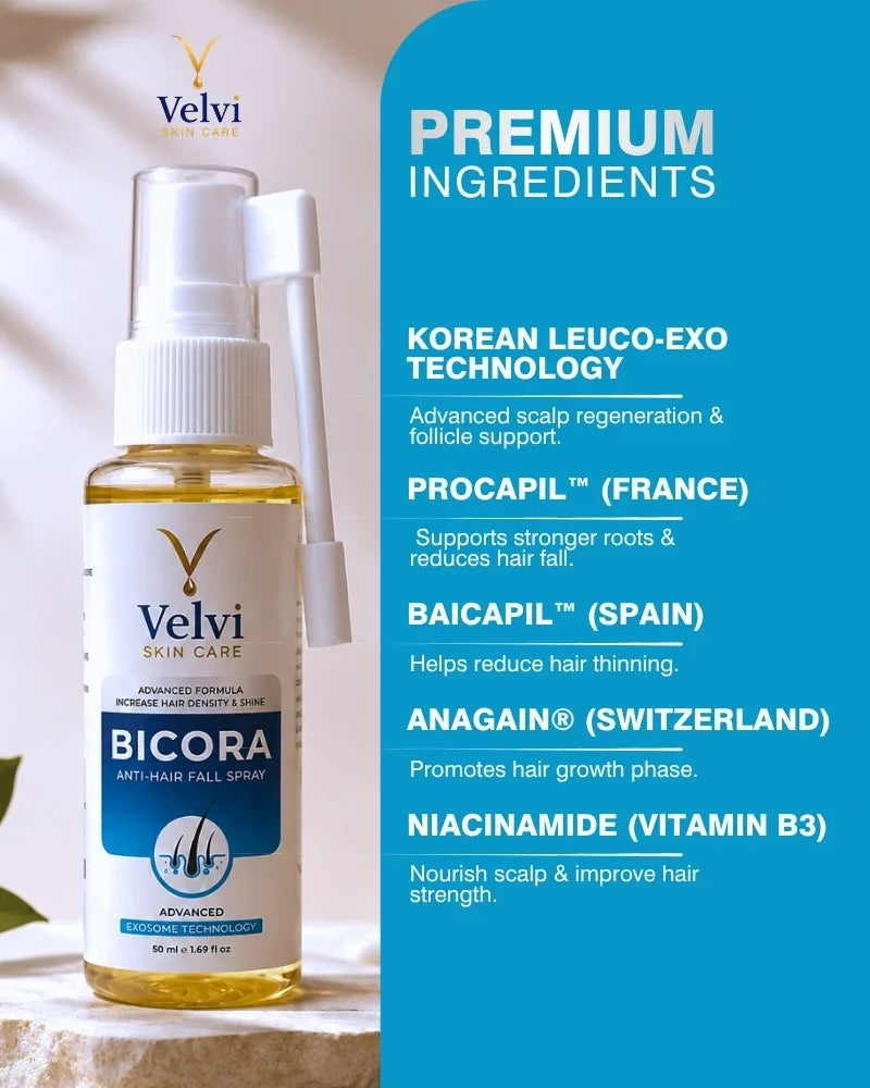 Velvi Bicora anti-hair fall spray with product details on a blue background