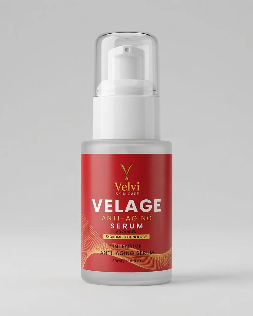 Velage anti-aging serum bottle with red label on a beige background