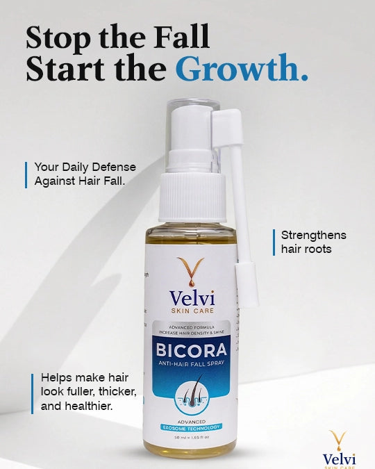 Velvi Bicora hair fall spray Pakistan bottle on a white background with promotional text.