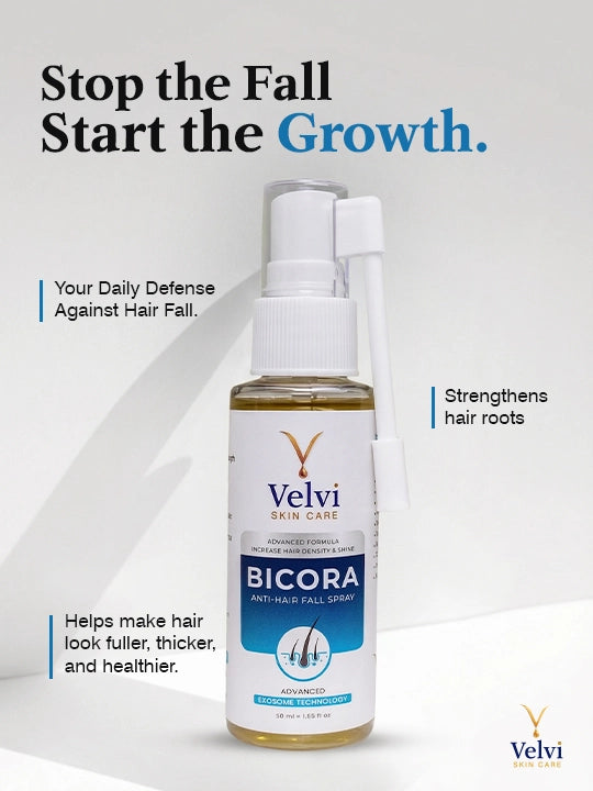 Velvi Bicora hair fall spray Pakistan bottle on a white background with promotional text.
