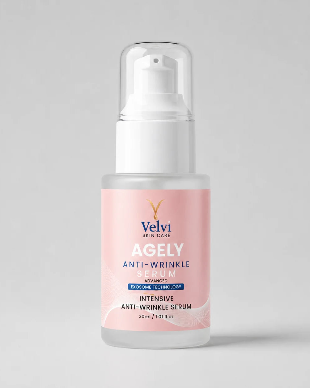 Bottle of Velyi Ageley Anti-Wrinkle Serum on a light background .best anti aging serum pakistan