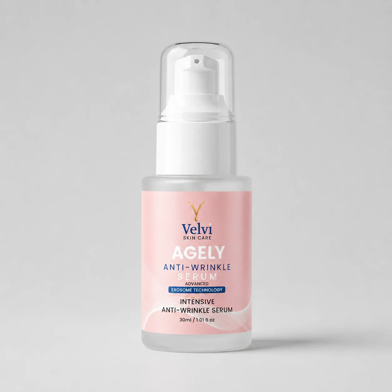 Bottle of Velyi Ageley Anti-Wrinkle Serum on a light background .best anti aging serum pakistan
