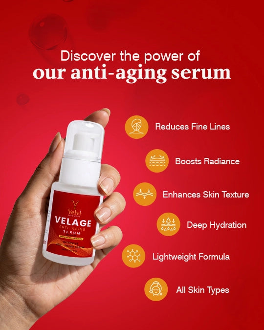 Hand holding an anti-aging serum bottle with product features on a red background