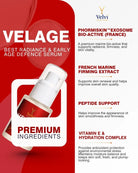 Velage serum packaging with product details on a red background