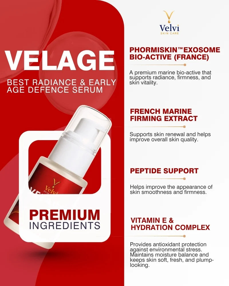 Velage serum packaging with product details on a red background