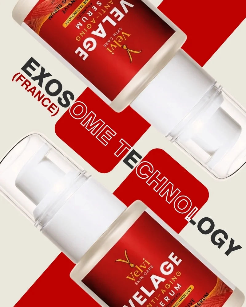 Yeni Elage serum packaging with 'Exos France' branding on a red and white background