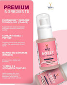 Velvi Ageley anti-wrinkle serum with product details on a pink background