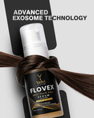 Velvi Flovex Anti-Hair Fall Serum bottle with hair strands on a light gray background