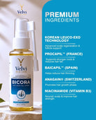 Velvi Bicora anti-hair fall spray with product details on a blue background