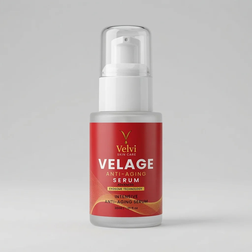 Velage anti-aging serum bottle with red label on a beige background