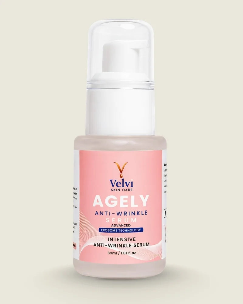 Bottle of Velyi Ageley Anti-Wrinkle Serum on a light background .best anti aging serum pakistan
