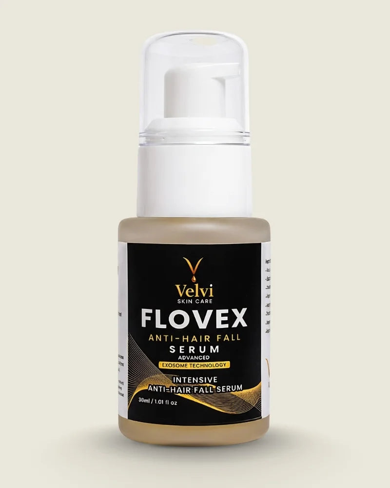 Velvi Flovex Anti-Hair Fall Serum bottle on a beige background. hair fall serum Pakistan