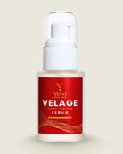 Velage anti-aging serum bottle with red label on a beige background