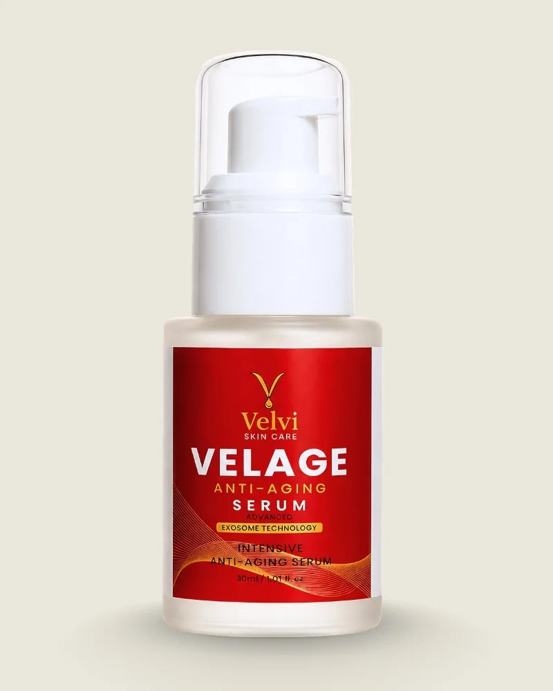 Velage anti-aging serum bottle with red label on a beige background