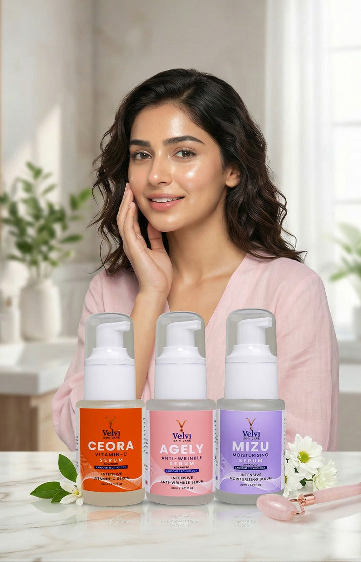 Woman with three skincare product bottles labeled 'Ceora', 'Agetly', and 'Mizu' on a table.