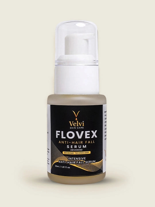 Velvi Flovex Anti-Hair Fall Serum bottle on a beige background
