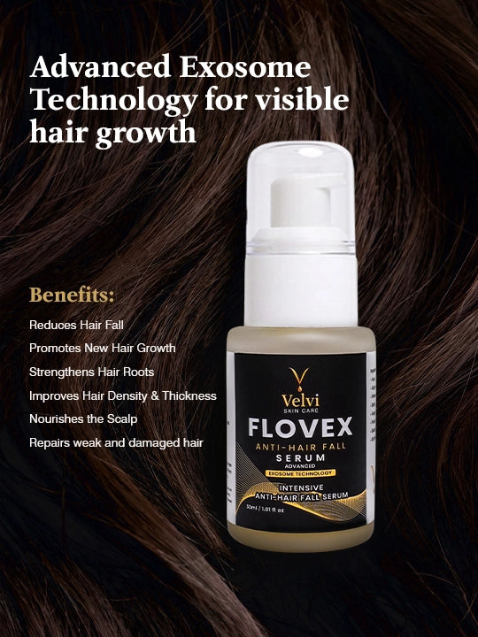 Velvi Flovex hair care product with text about advanced exosome technology and benefits on a dark background.