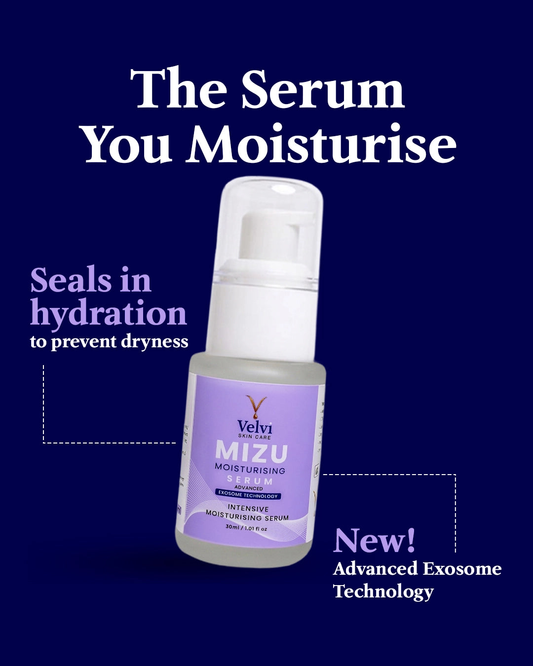 Velvi Mizu serum bottle with promotional text on a dark blue background