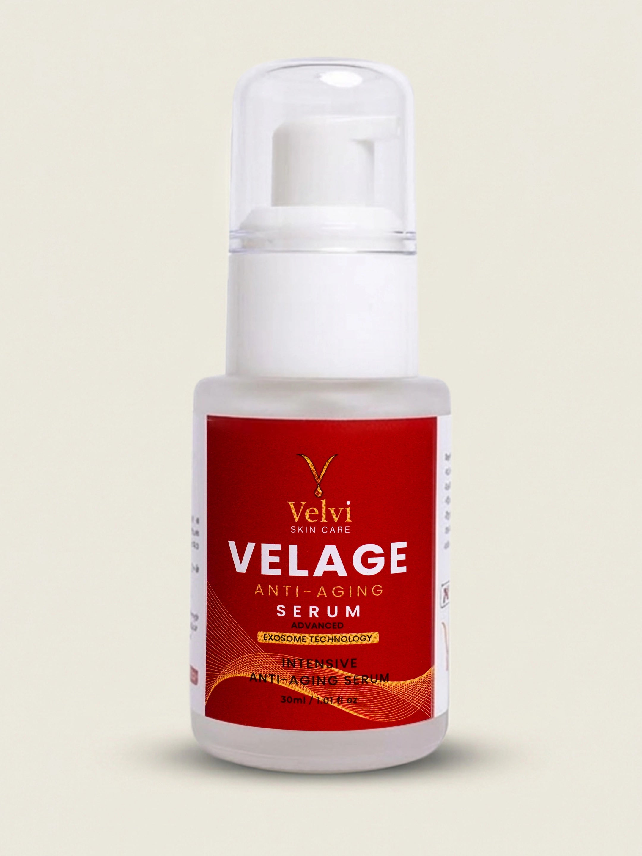 Velage anti-aging serum bottle with red label on a beige background