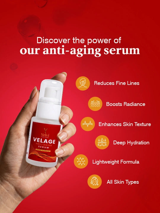 Hand holding an anti-aging serum bottle with product features on a red background